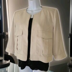 Forever 21 Cropped Jacket M Beige Full Zip Pockets Lined 3/4 Sleeve Academia